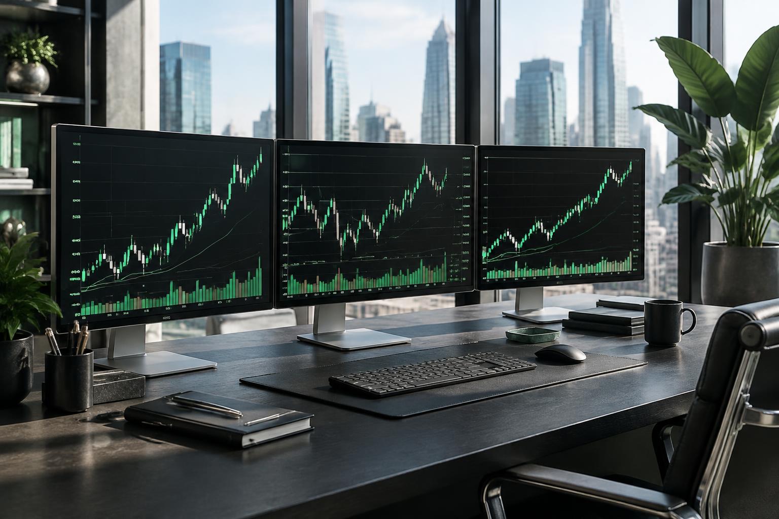 Modern three-monitor trading workstation